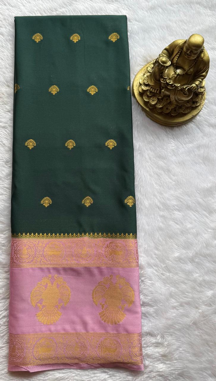 Semi Mysore Silk Small Butta With Gandaberunda Bentex Border, Washable