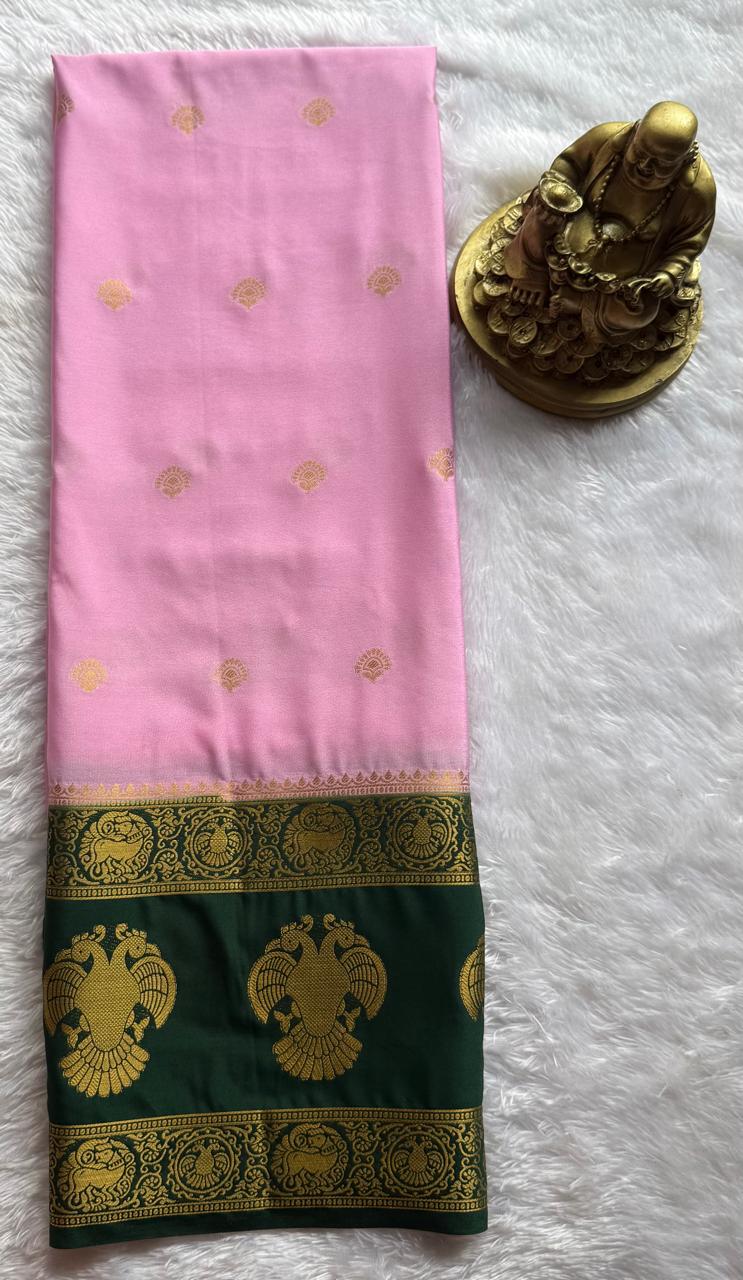 Semi Mysore Silk Small Butta With Gandaberunda Bentex Border, Washable