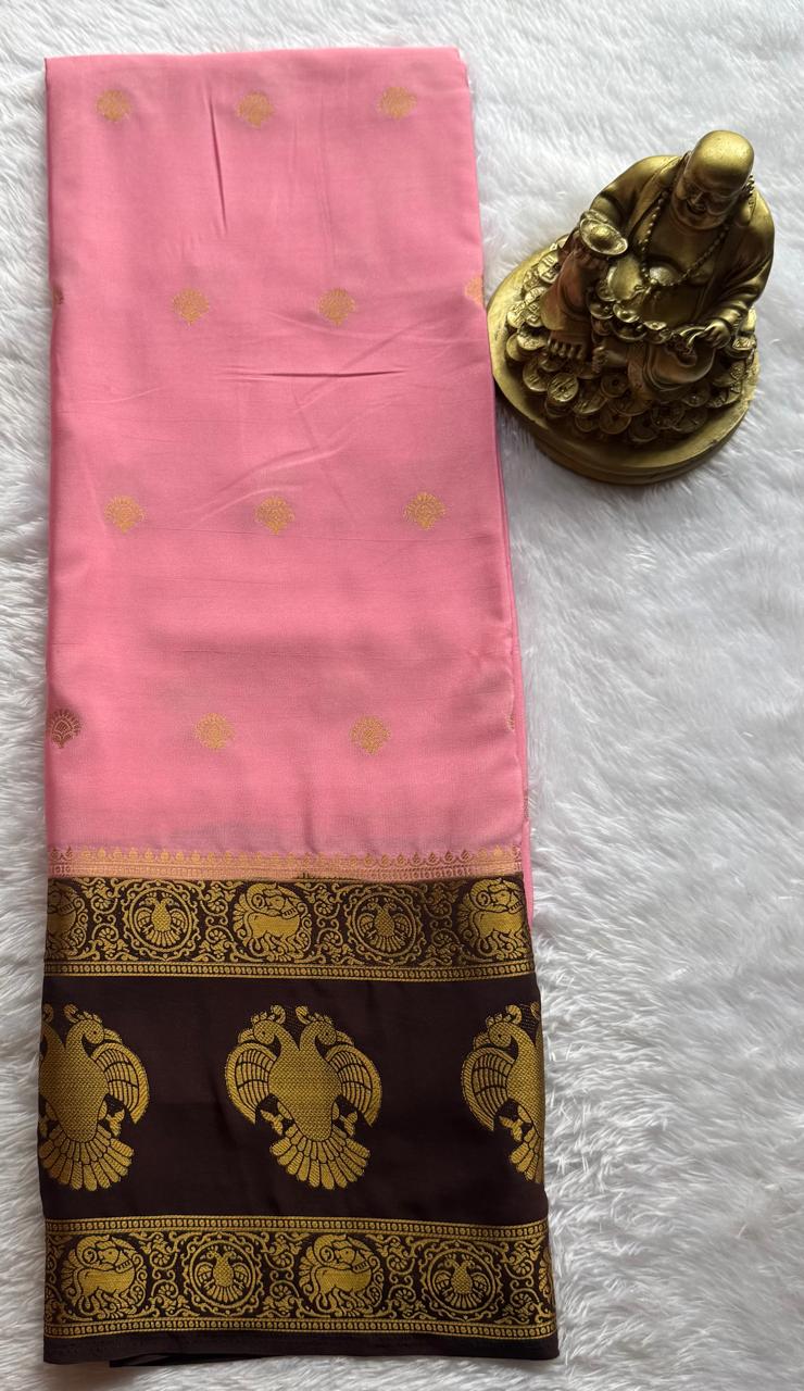 Semi Mysore Silk Small Butta With Gandaberunda Bentex Border, Washable