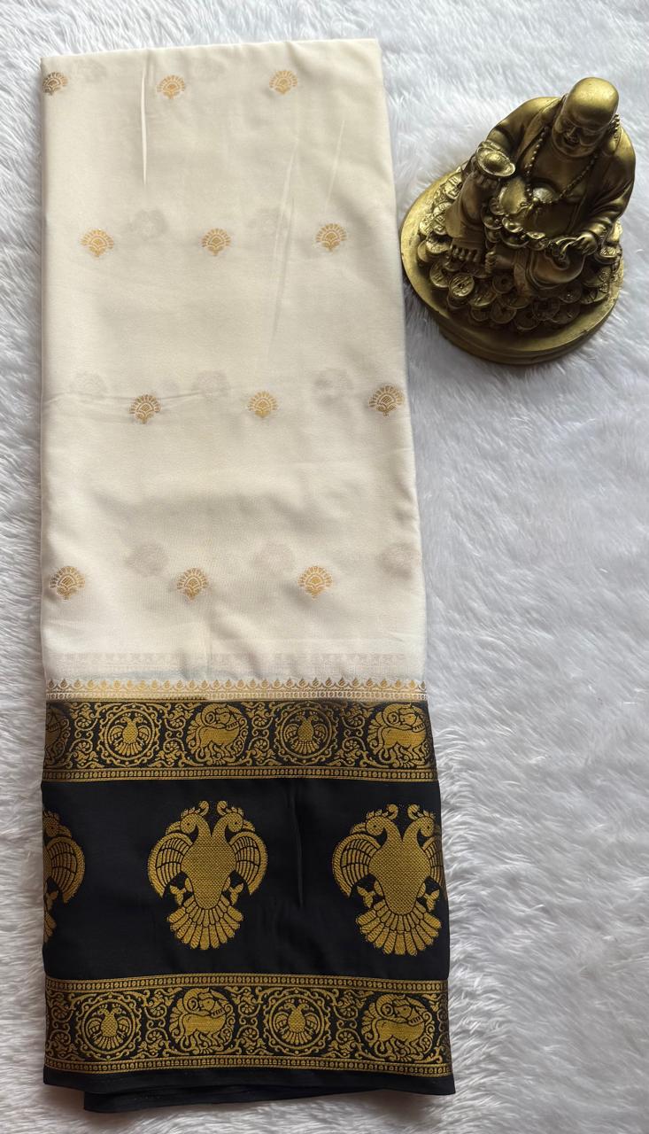 Semi Mysore Silk Small Butta With Gandaberunda Bentex Border, Washable