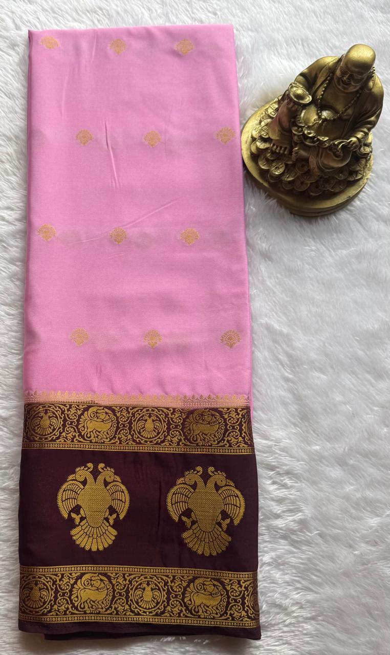 Semi Mysore Silk Small Butta With Gandaberunda Bentex Border, Washable
