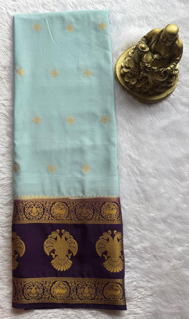 Semi Mysore Silk Small Butta With Gandaberunda Bentex Border, Washable