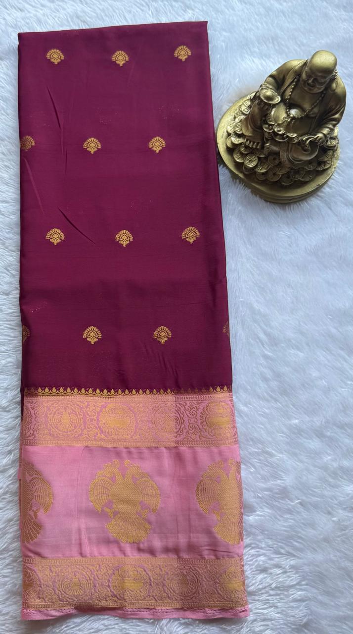 Semi Mysore Silk Small Butta With Gandaberunda Bentex Border, Washable