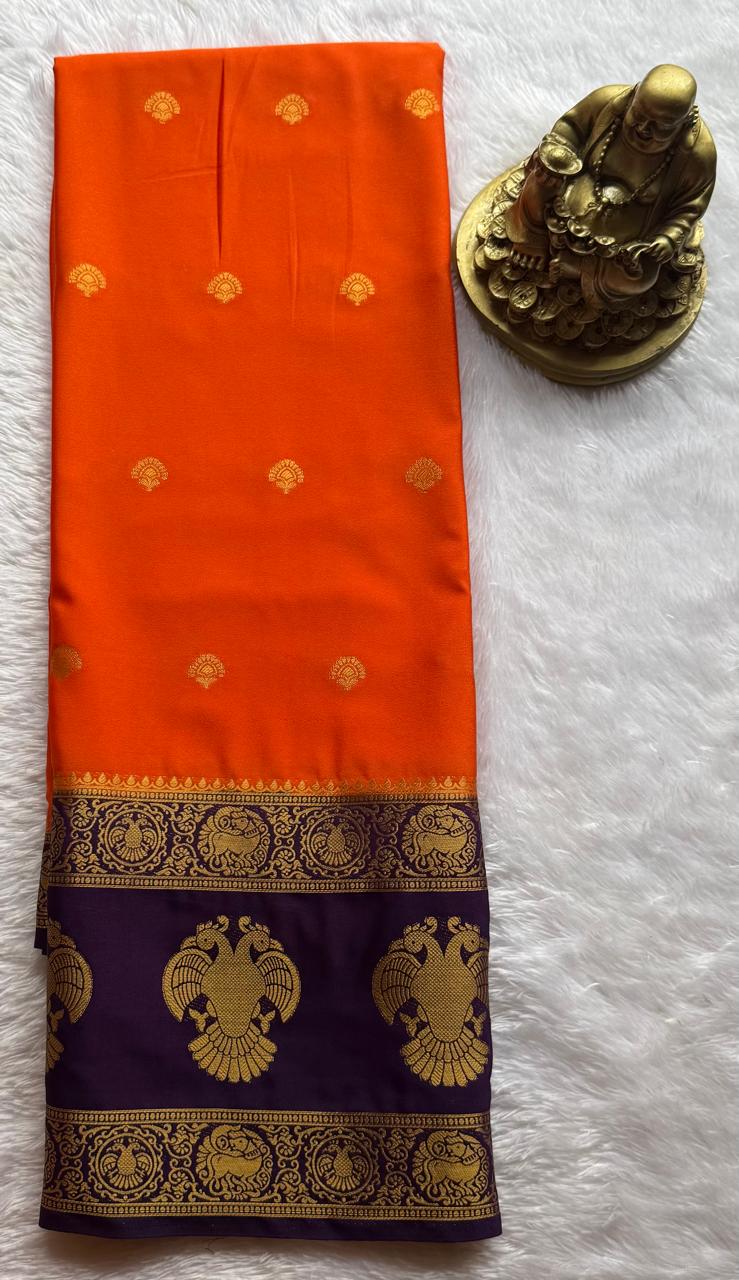Semi Mysore Silk Small Butta With Gandaberunda Bentex Border, Washable