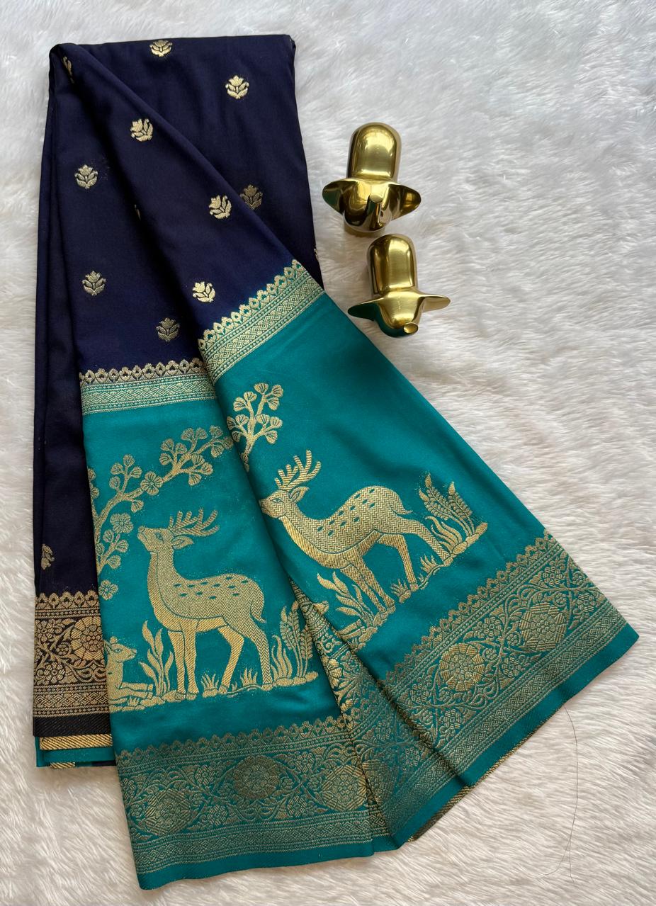 Semi Mysore Silk Small Lotus Butta With Deer Design Bentex Border