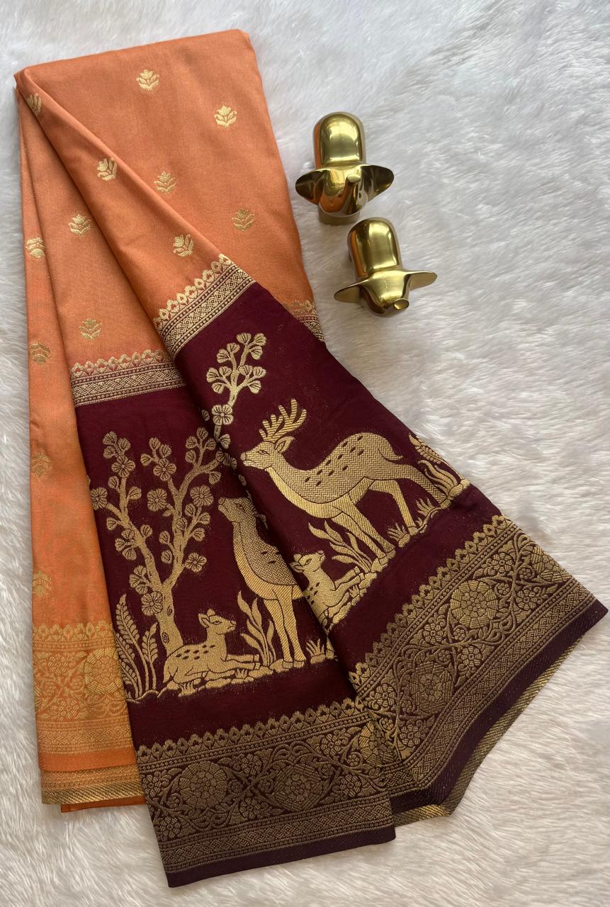 Semi Mysore Silk Small Lotus Butta With Deer Design Bentex Border