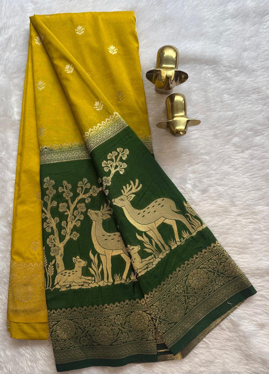 Semi Mysore Silk Small Lotus Butta With Deer Design Bentex Border