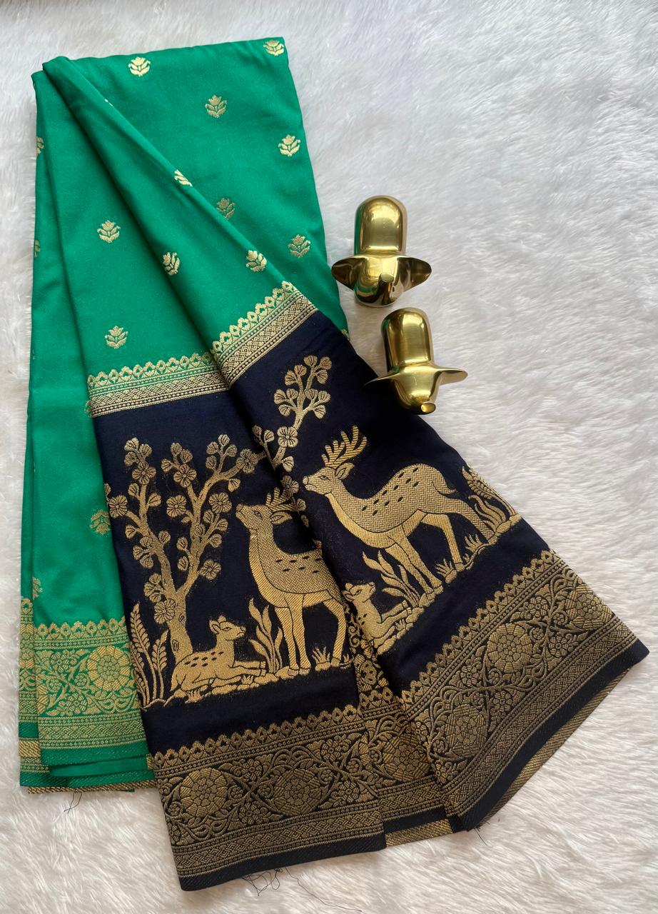 Semi Mysore Silk Small Lotus Butta With Deer Design Bentex Border