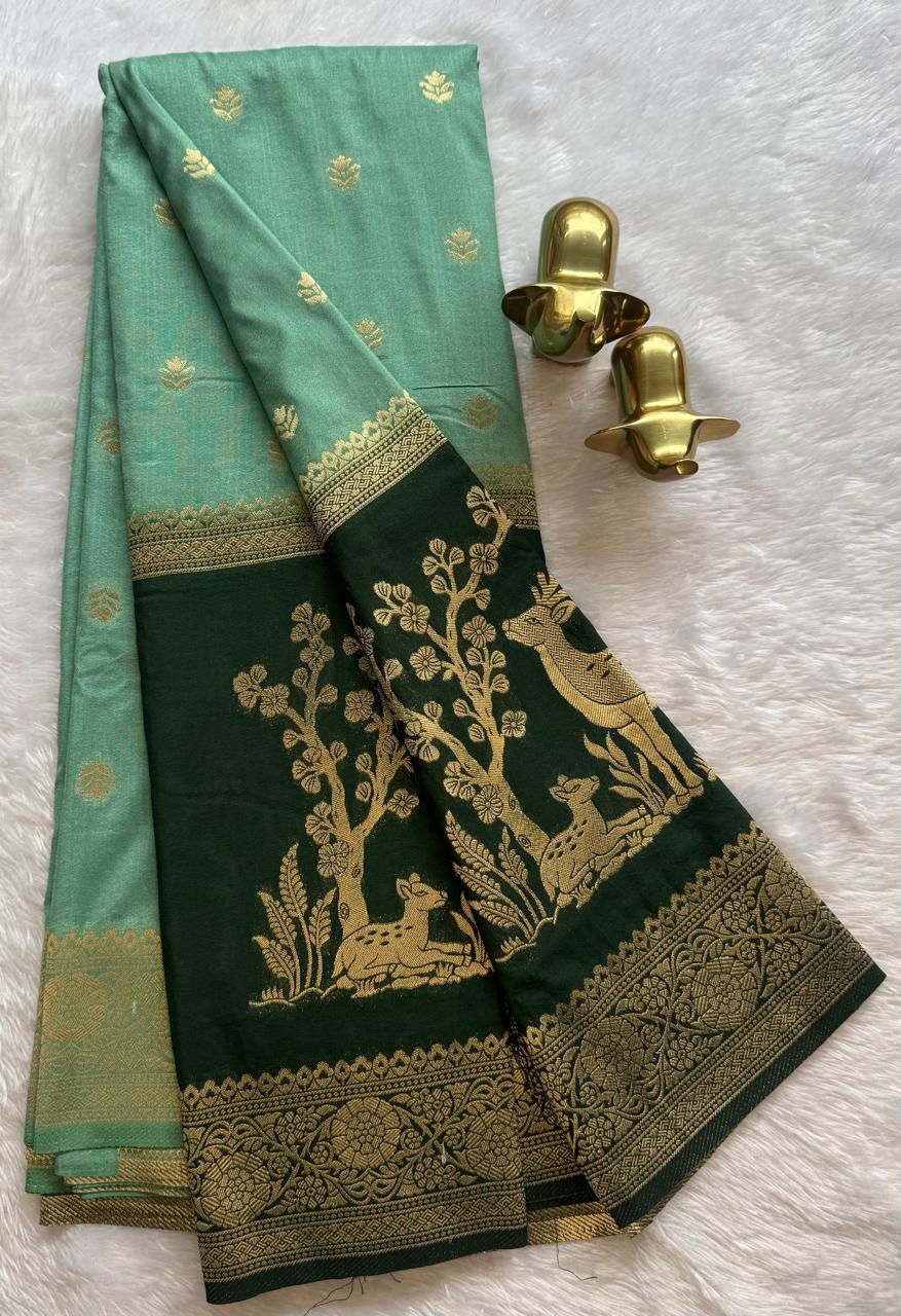 Semi Mysore Silk Small Lotus Butta With Deer Design Bentex Border