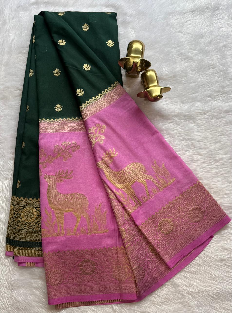 Semi Mysore Silk Small Lotus Butta With Deer Design Bentex Border