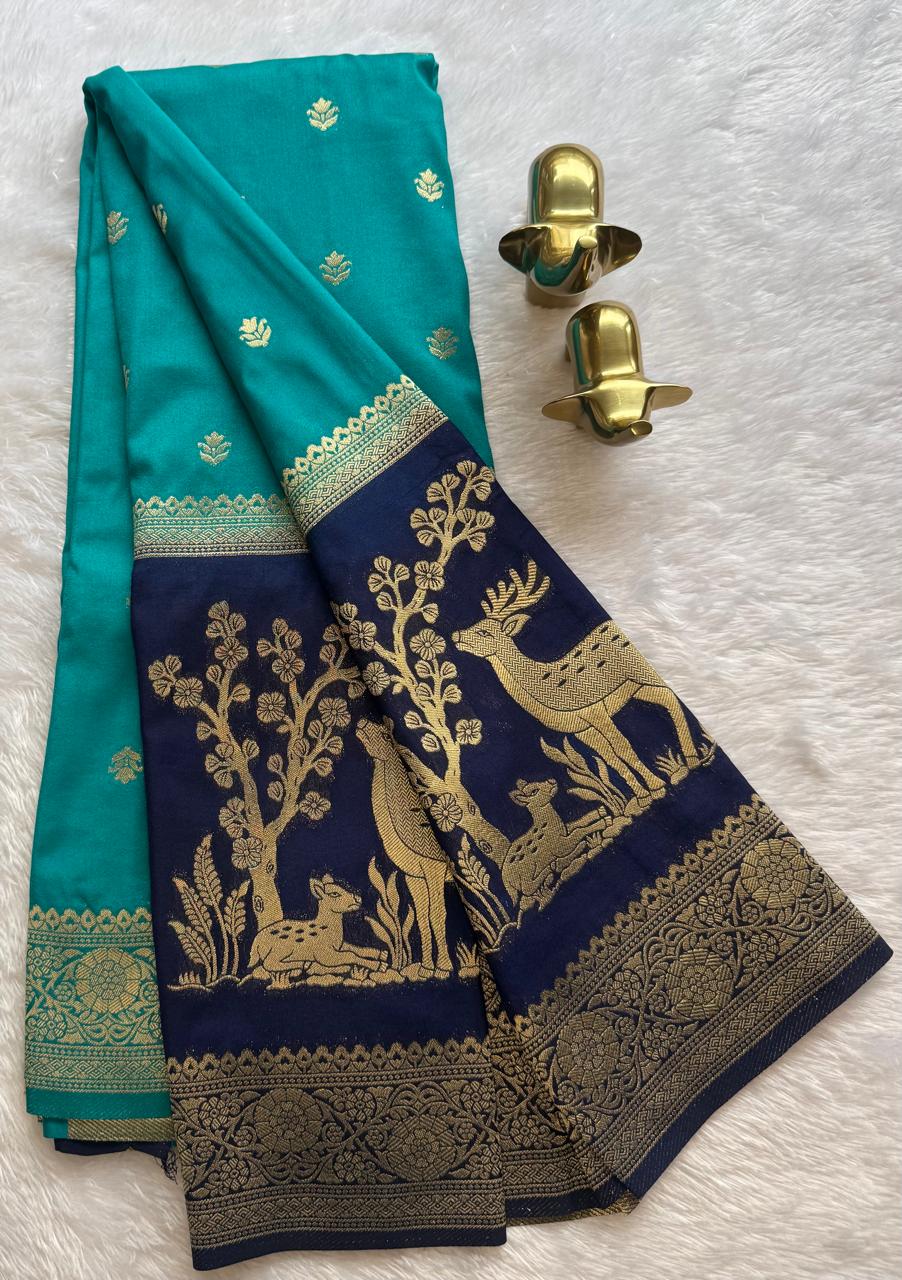 Semi Mysore Silk Small Lotus Butta With Deer Design Bentex Border