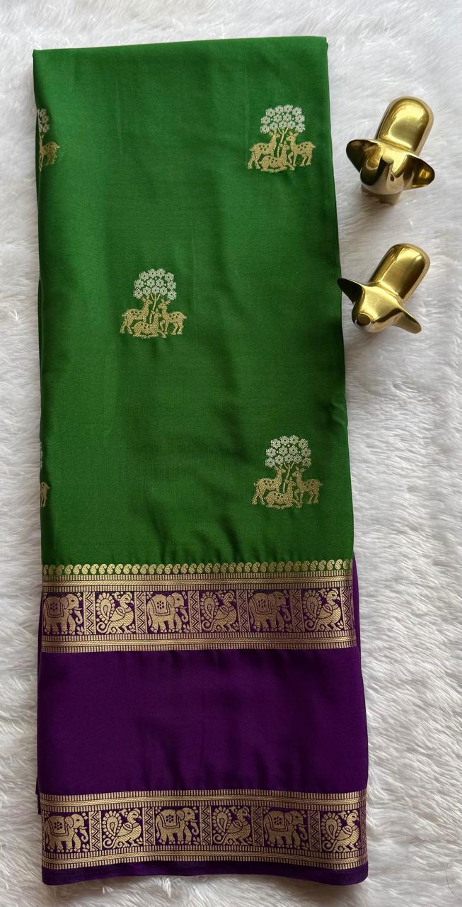 Semi Mysore Silk Dear Butta With Elephant And Peacock Bentex Border