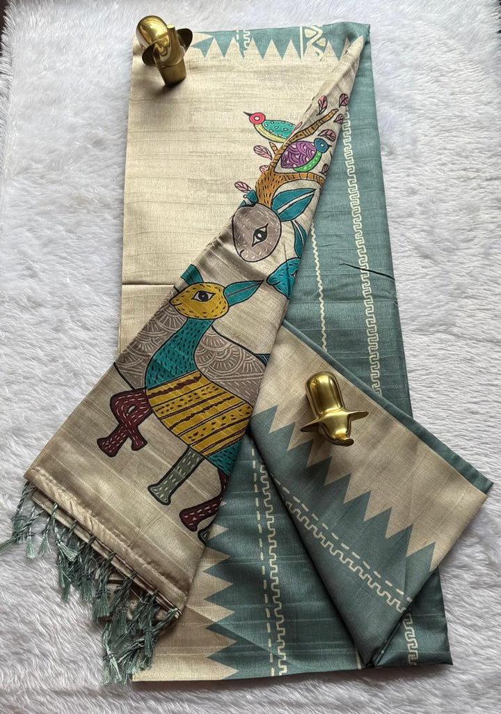 Tussar Strips with Deer print boarder