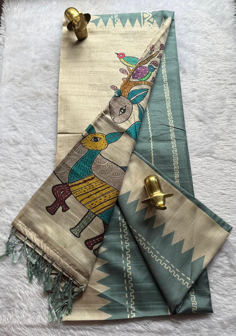 Tussar Strips with Deer print boarder