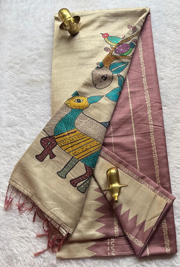 Tussar Strips with Deer print boarder