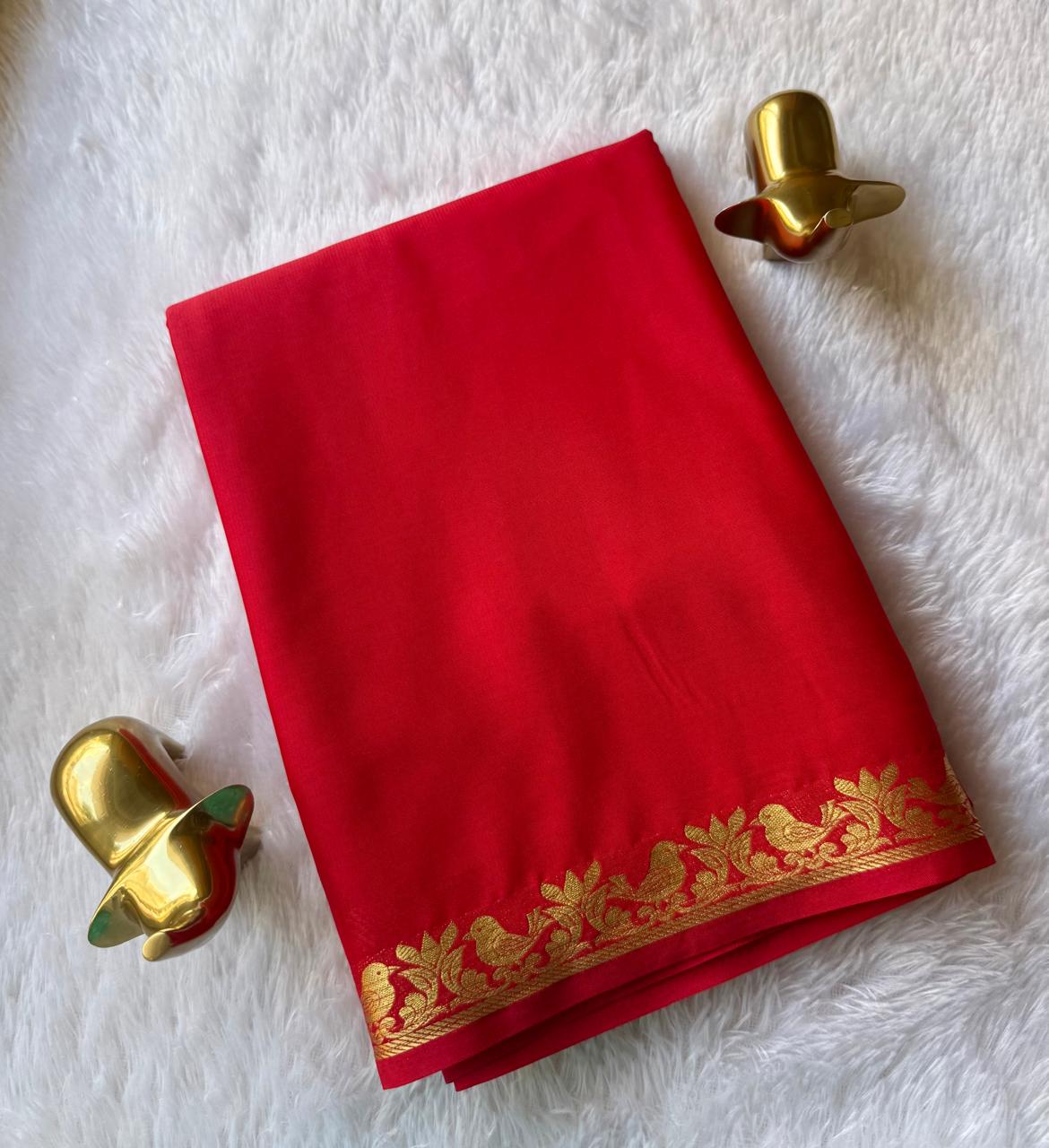 Semi Mysore Silk Self Saree Bird Piping Border, Washabl