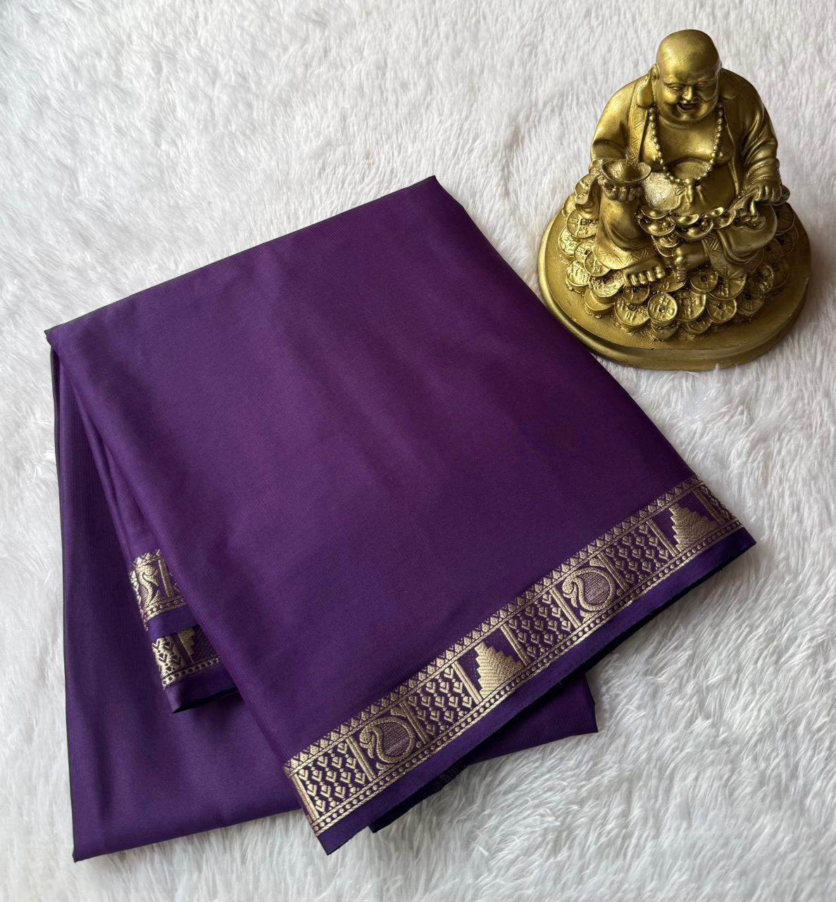 Semi Mysore Silk Self Saree Temple With Mango Piping Border, Washable
