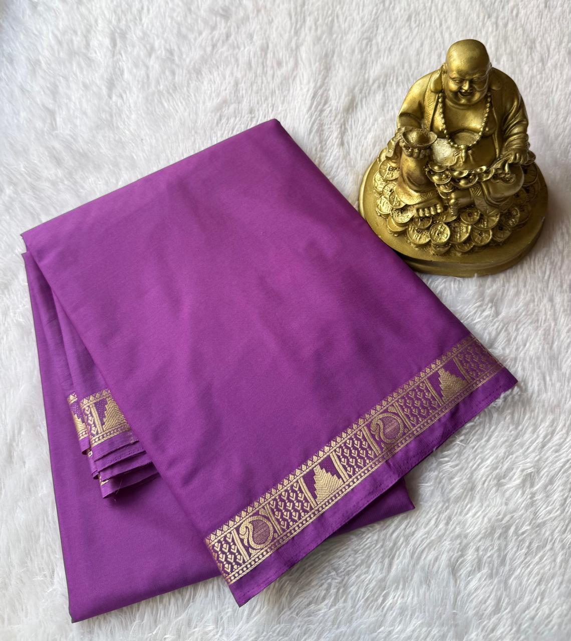 Semi Mysore Silk Self Saree Temple With Mango Piping Border, Washable