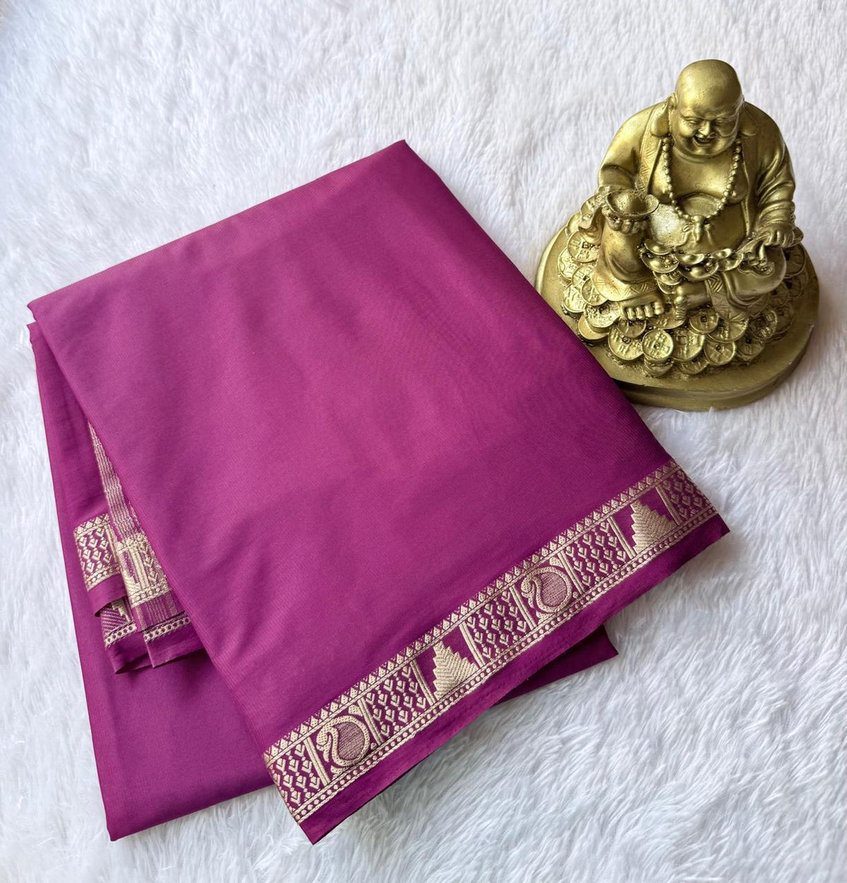 Semi Mysore Silk Self Saree Temple With Mango Piping Border, Washable