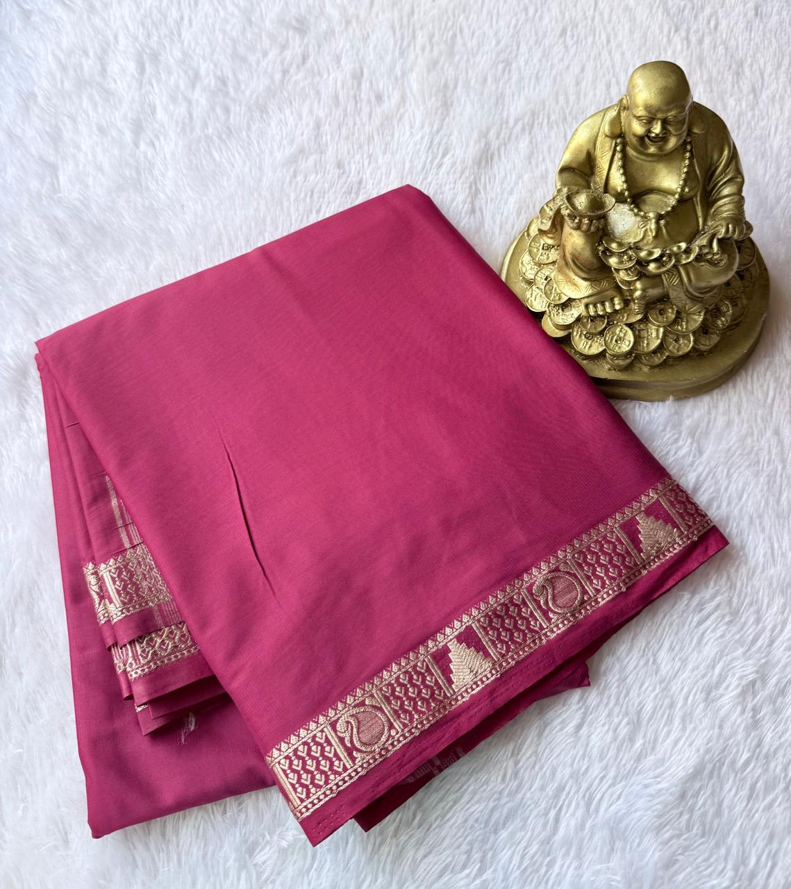 Semi Mysore Silk Self Saree Temple With Mango Piping Border, Washable