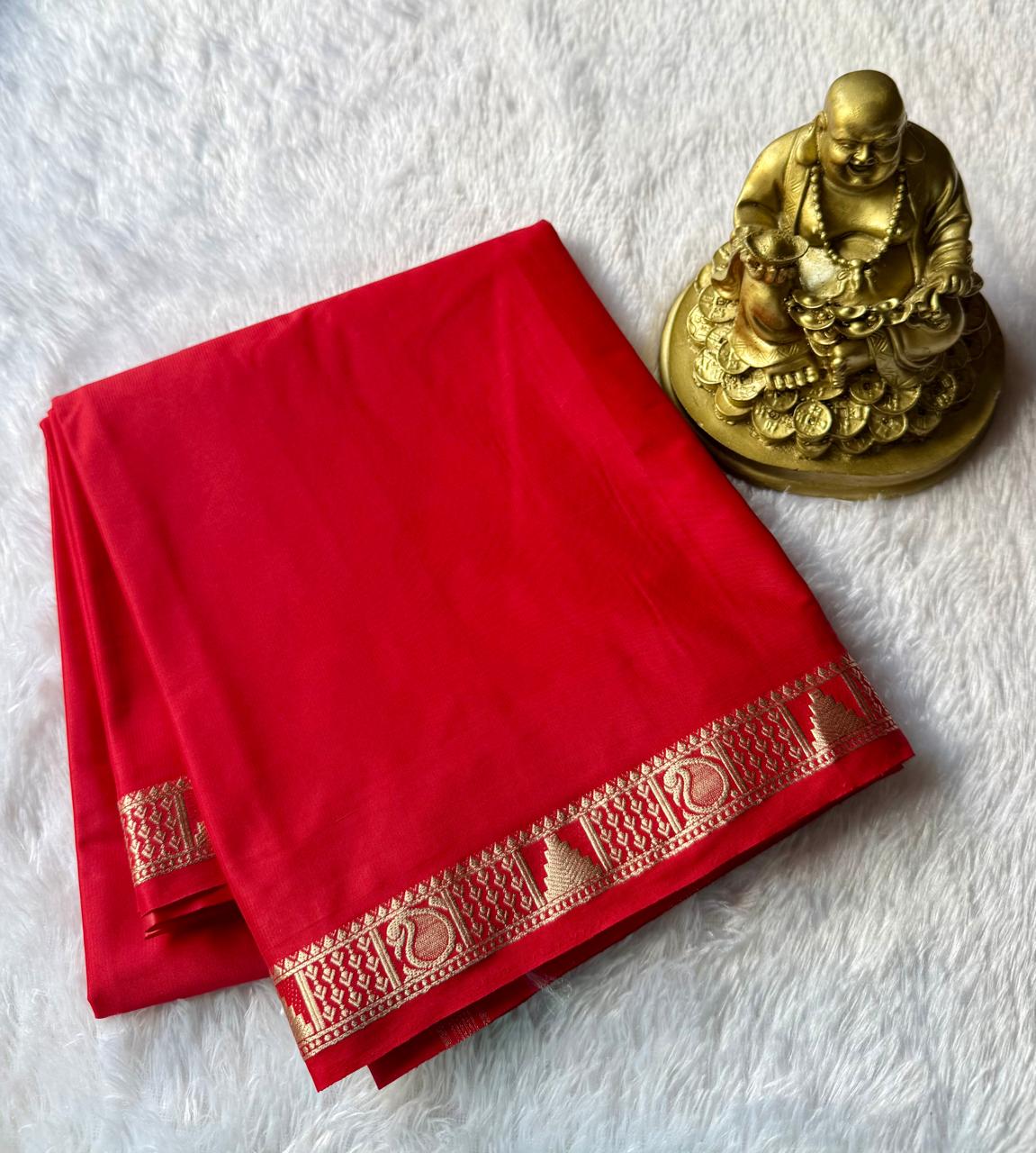 Semi Mysore Silk Self Saree Temple With Mango Piping Border, Washable