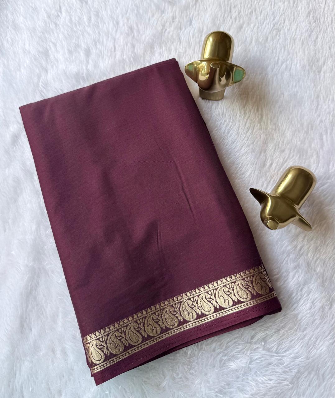 Semi Mysore Silk Self Saree Mango Piping Border, Washable
