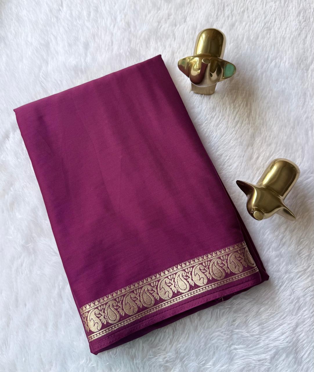 Semi Mysore Silk Self Saree Mango Piping Border, Washable