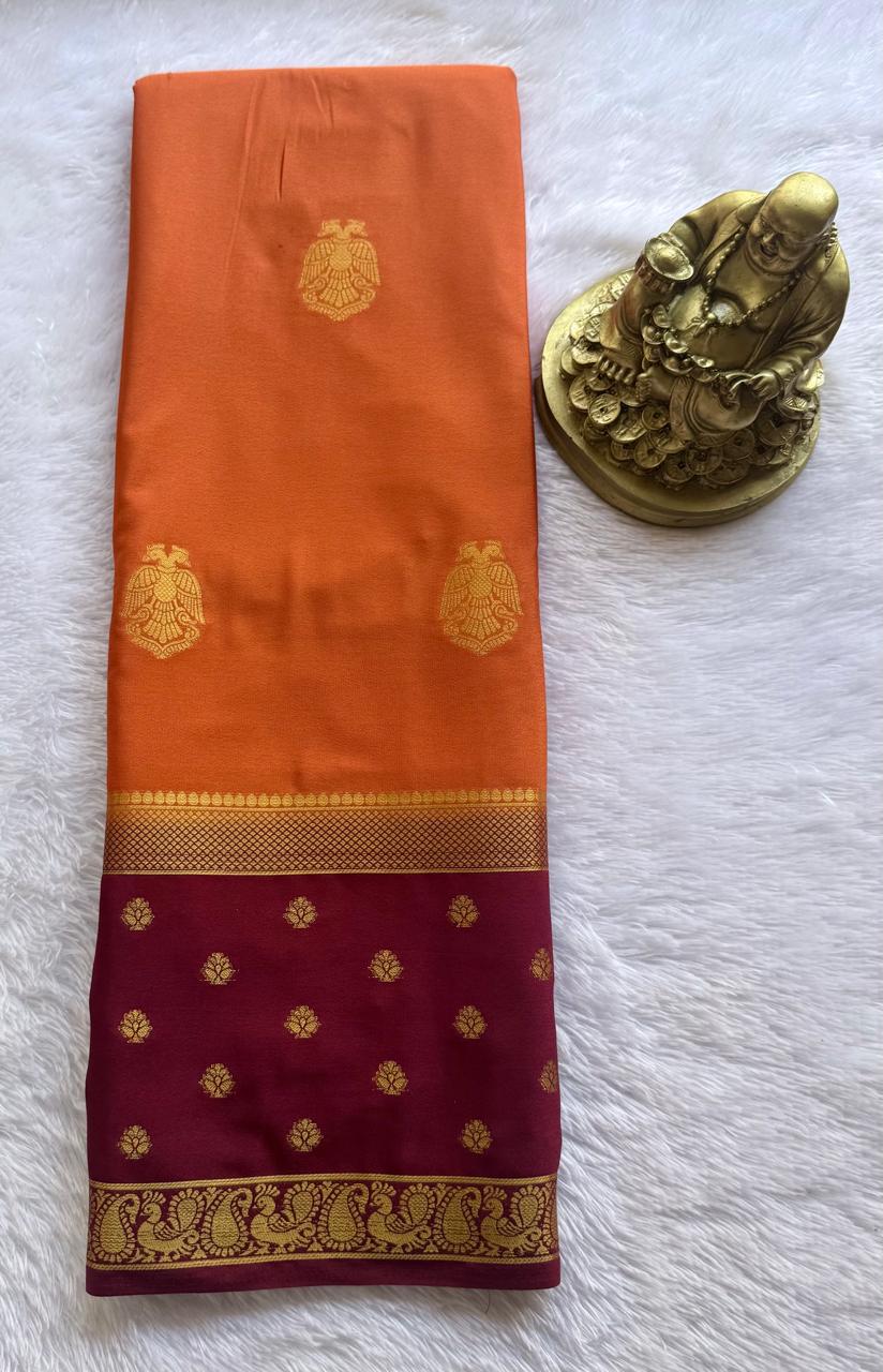 Semi Mysore Silk Gandaberunda Butta With Flower And Peacock Border