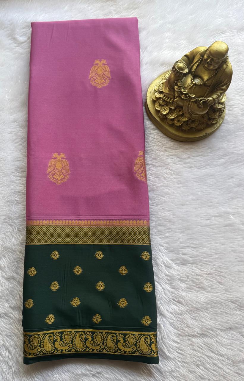 Semi Mysore Silk Gandaberunda Butta With Flower And Peacock Border