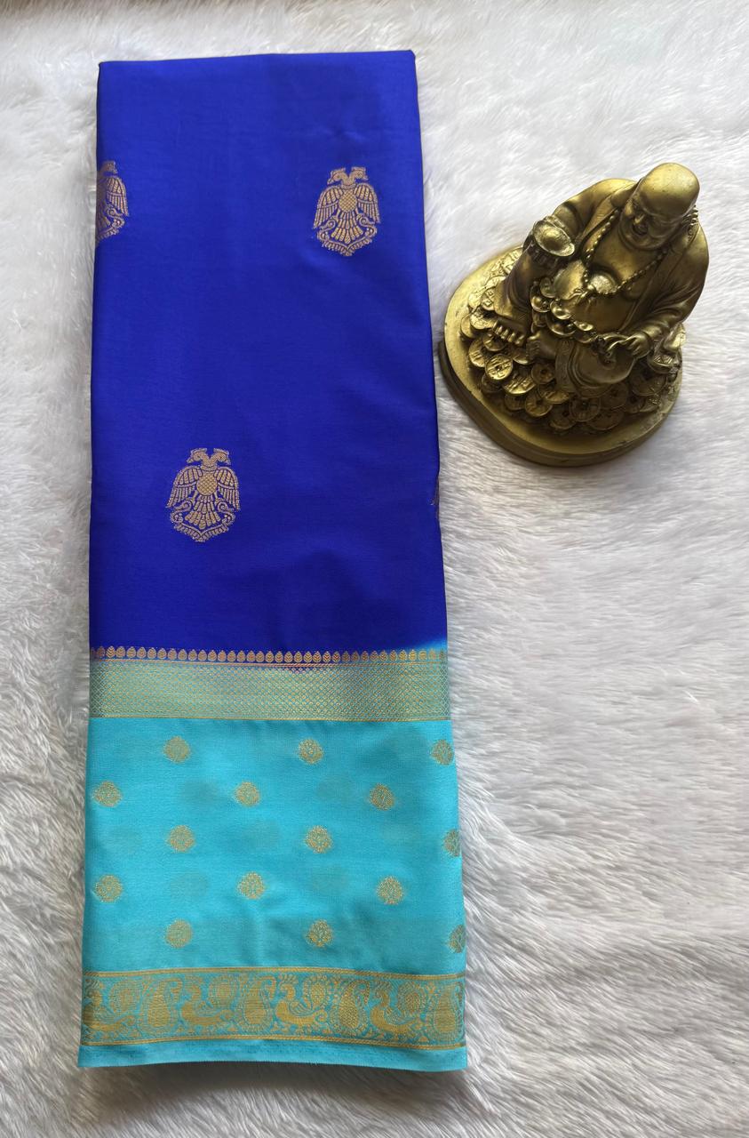 Semi Mysore Silk Gandaberunda Butta With Flower And Peacock Border