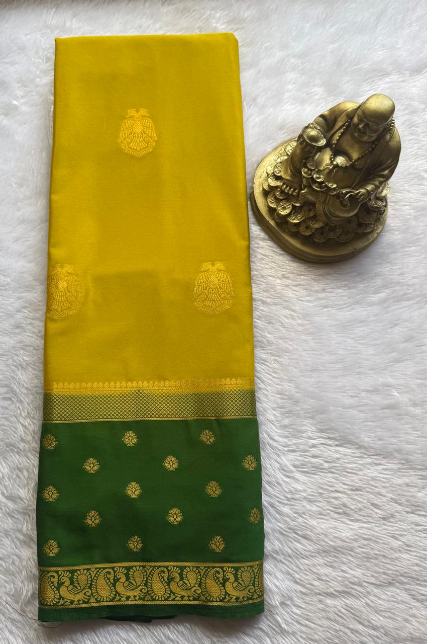 Semi Mysore Silk Gandaberunda Butta With Flower And Peacock Border