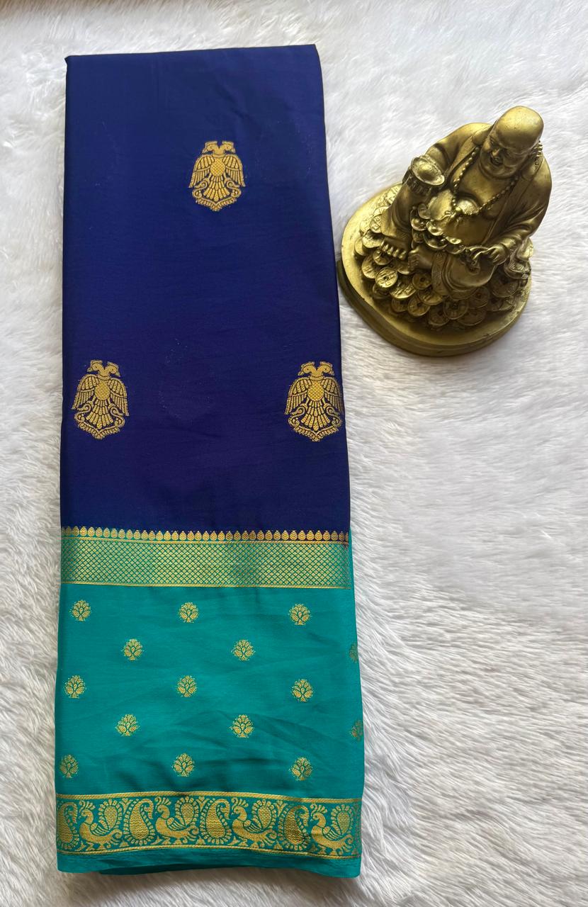 Semi Mysore Silk Gandaberunda Butta With Flower And Peacock Border