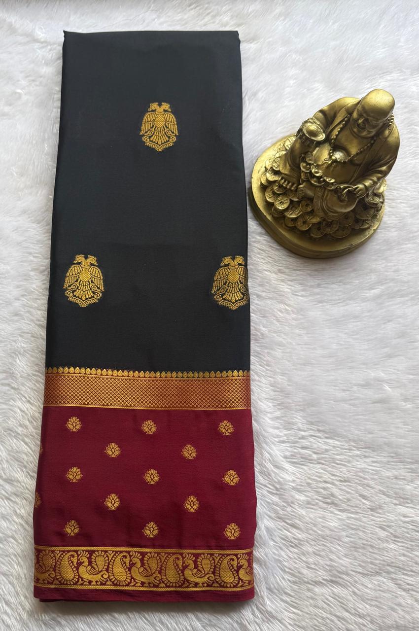 Semi Mysore Silk Gandaberunda Butta With Flower And Peacock Border