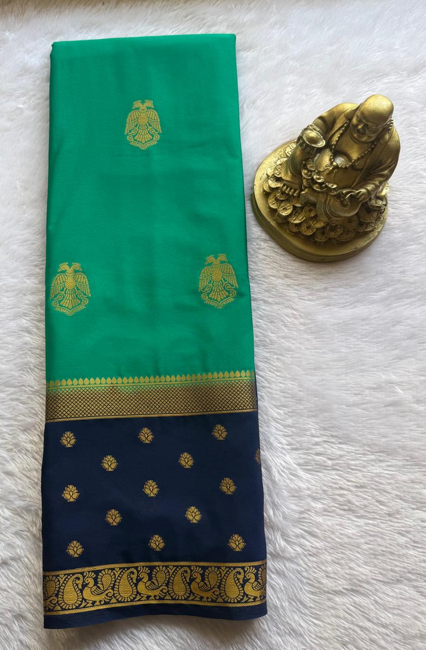 Semi Mysore Silk Gandaberunda Butta With Flower And Peacock Border