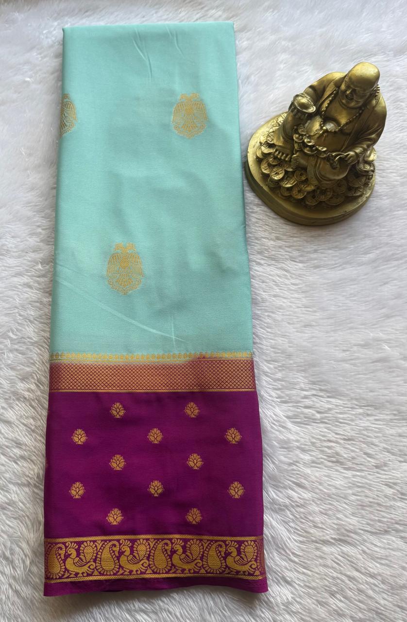 Semi Mysore Silk Gandaberunda Butta With Flower And Peacock Border