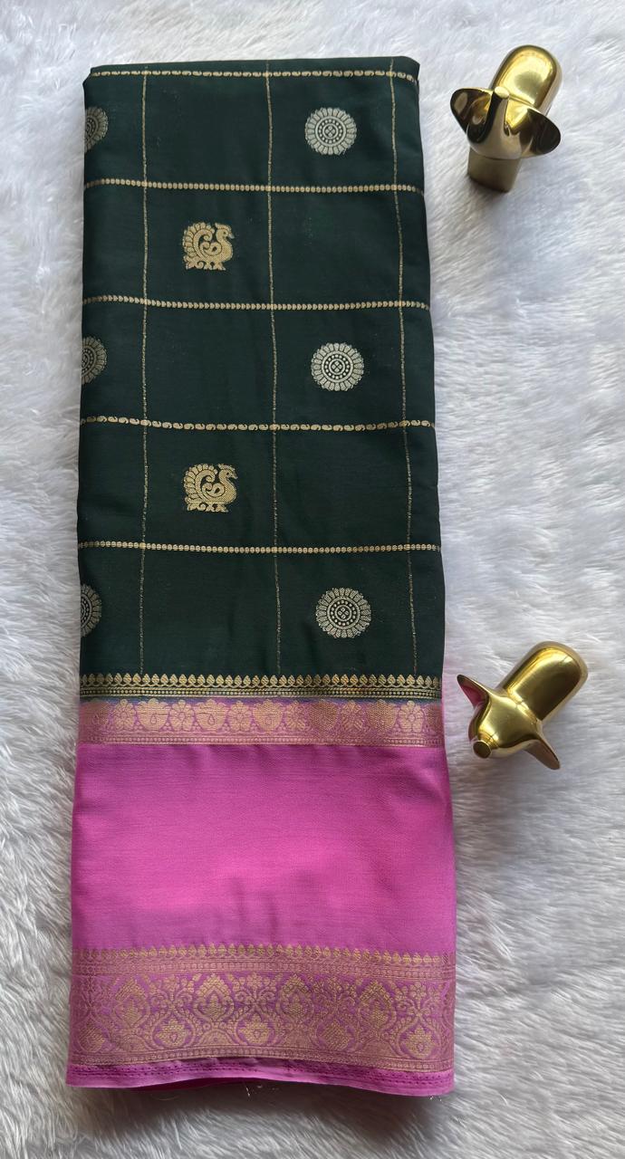Semi Mysore Silk Big Checks Butta With Bentex Border