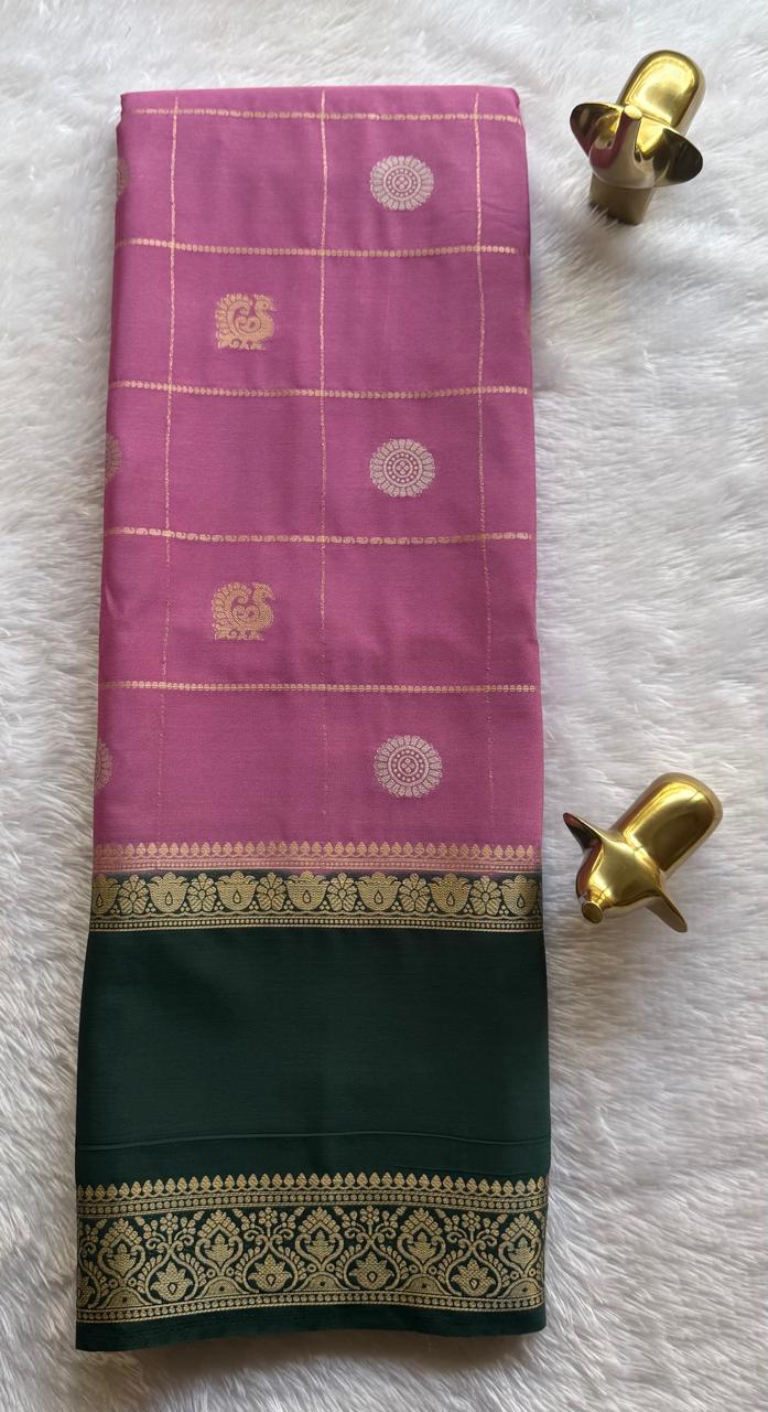 Semi Mysore Silk Big Checks Butta With Bentex Border