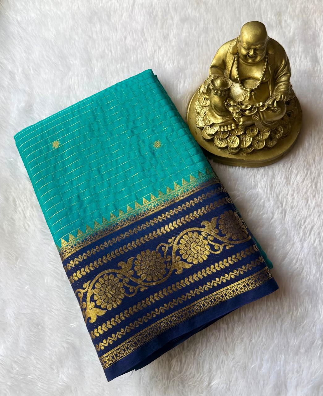 Semi Mysore Silk Small Checks With Jal Flower Border