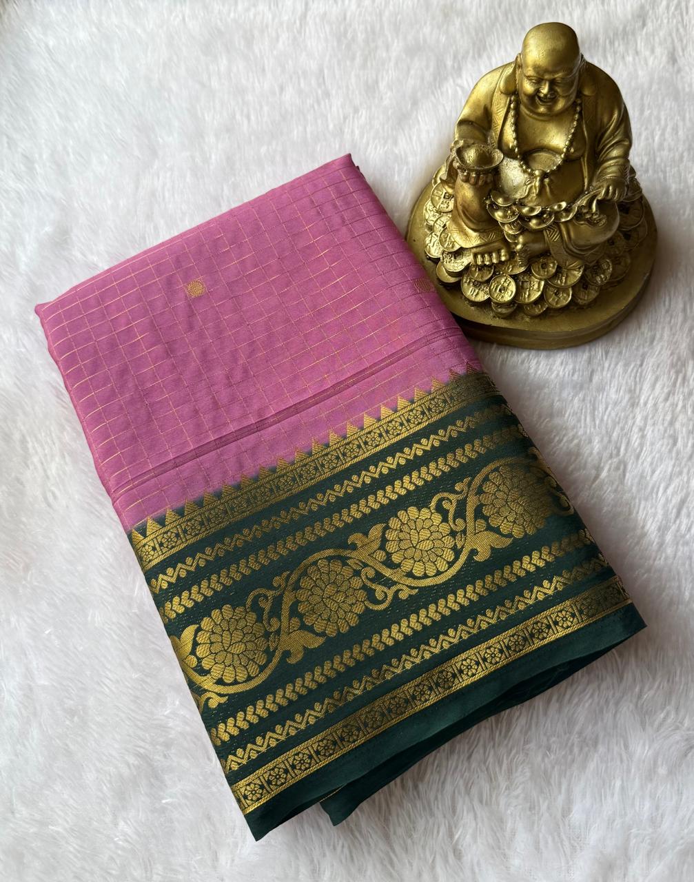 Semi Mysore Silk Small Checks With Jal Flower Border