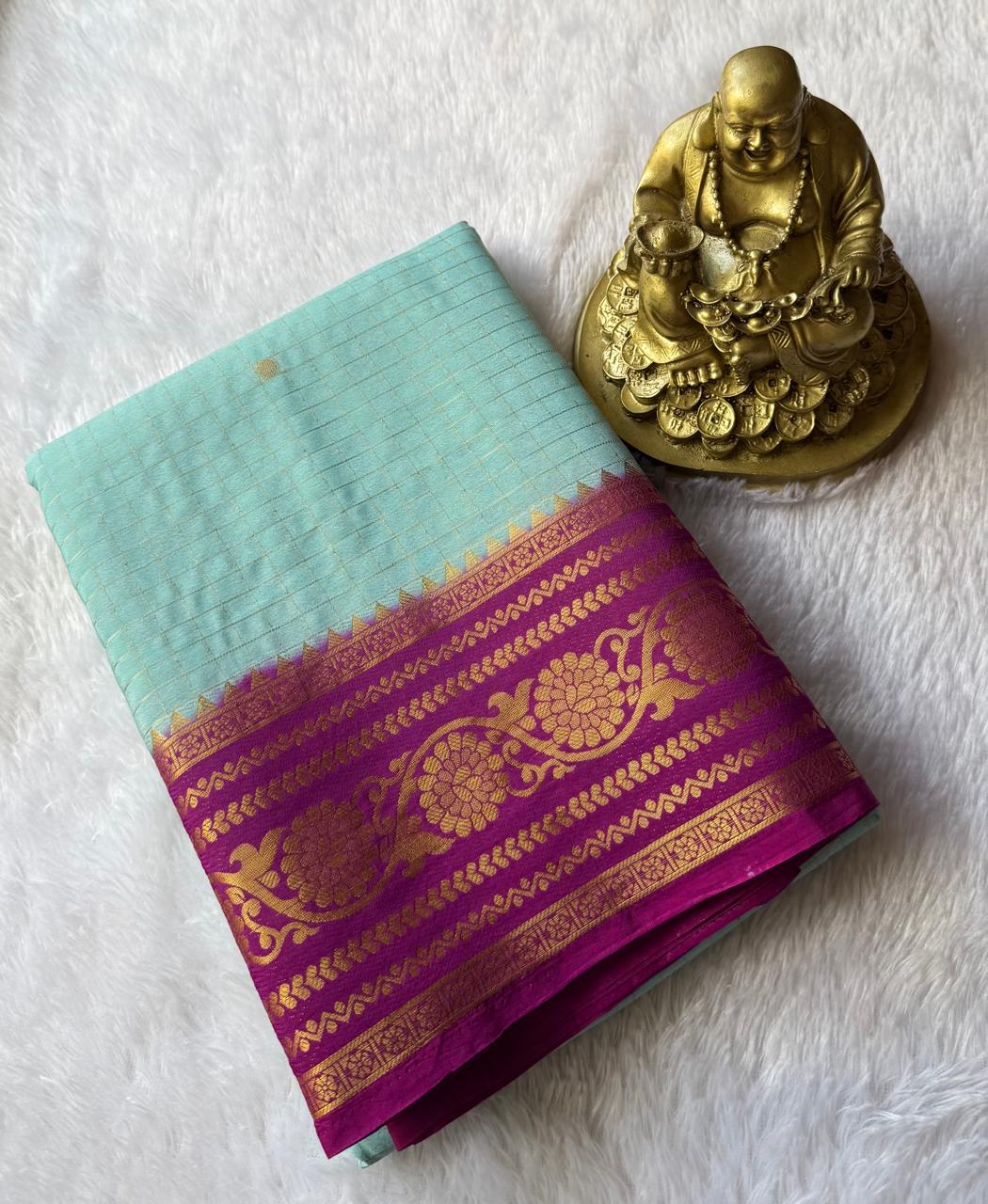 Semi Mysore Silk Small Checks With Jal Flower Border