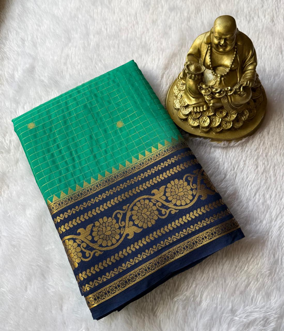 Semi Mysore Silk Small Checks With Jal Flower Border