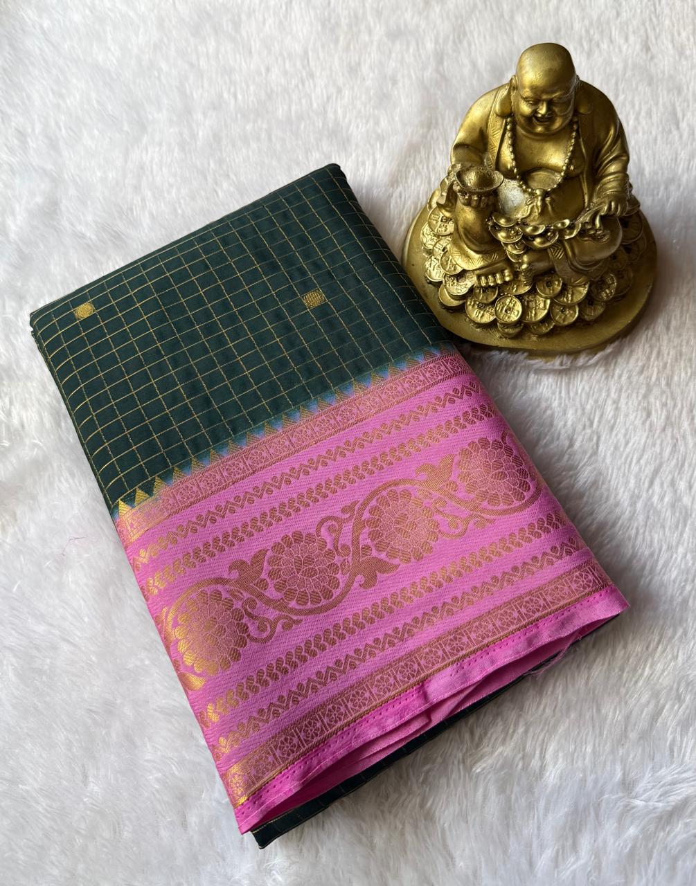Semi Mysore Silk Small Checks With Jal Flower Border