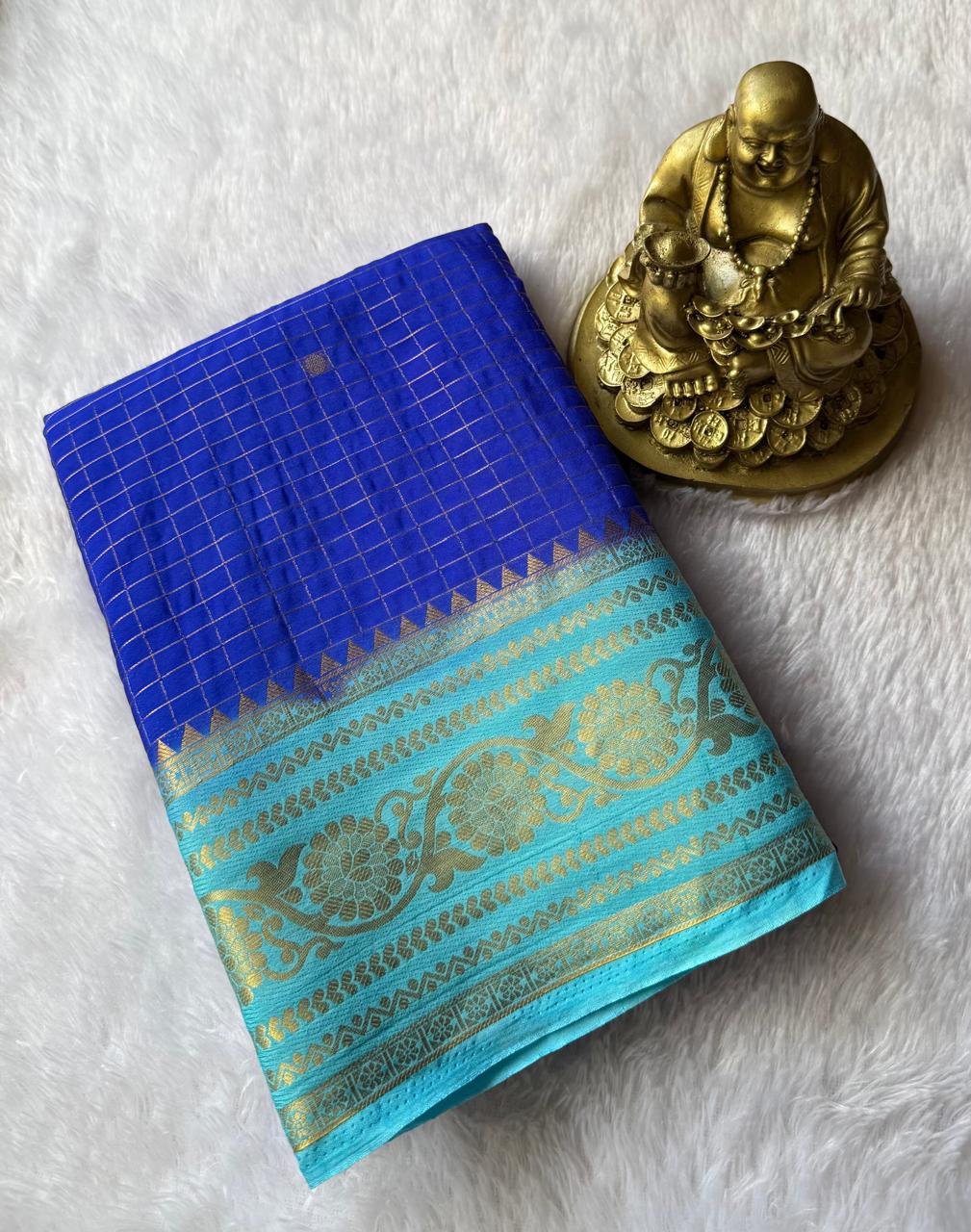 Semi Mysore Silk Small Checks With Jal Flower Border