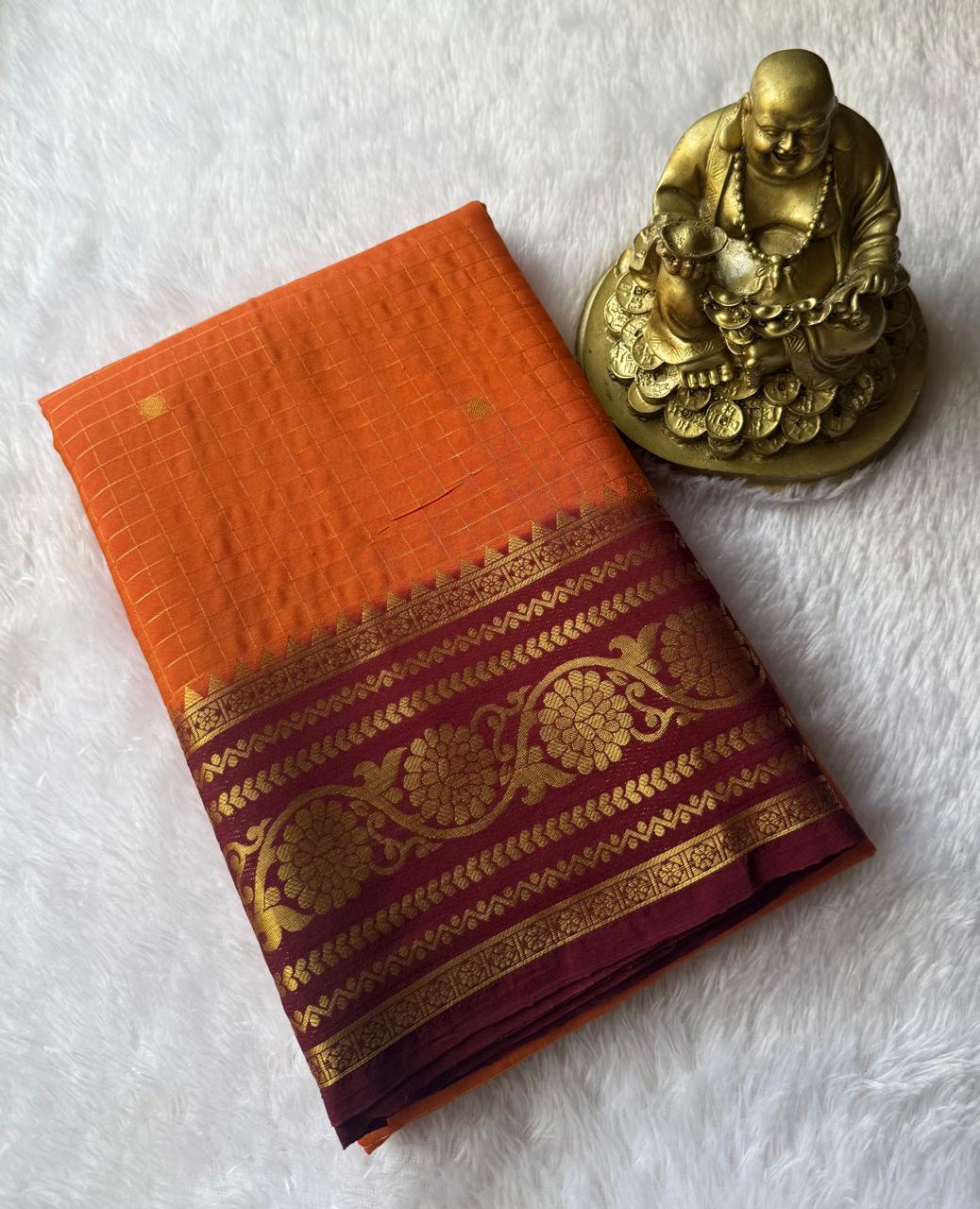 Semi Mysore Silk Small Checks With Jal Flower Border