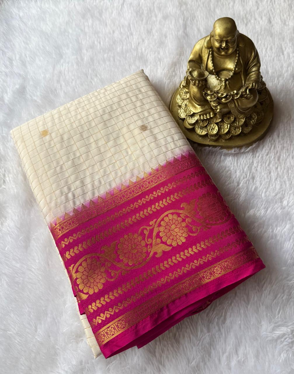 Semi Mysore Silk Small Checks With Jal Flower Border