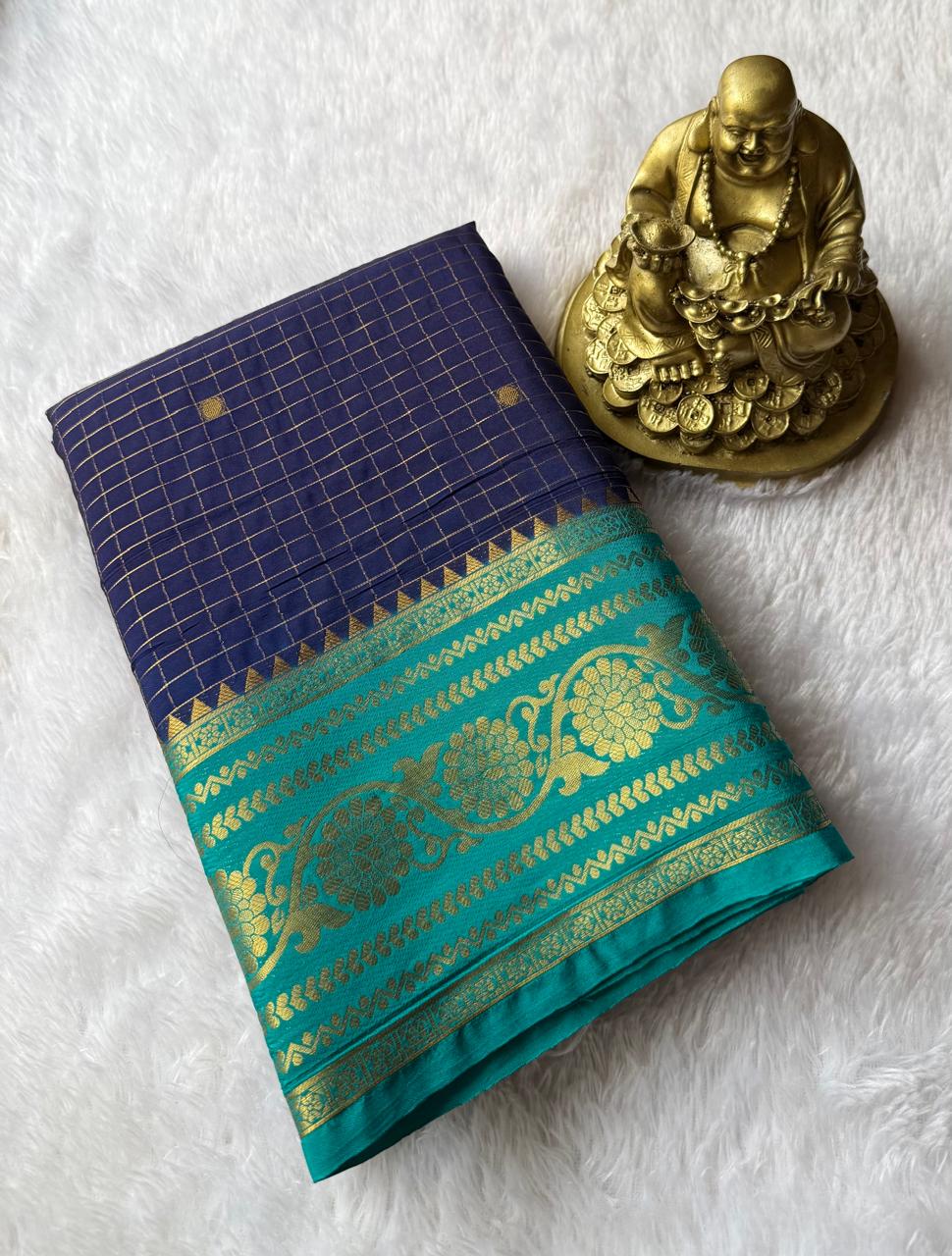 Semi Mysore Silk Small Checks With Jal Flower Border