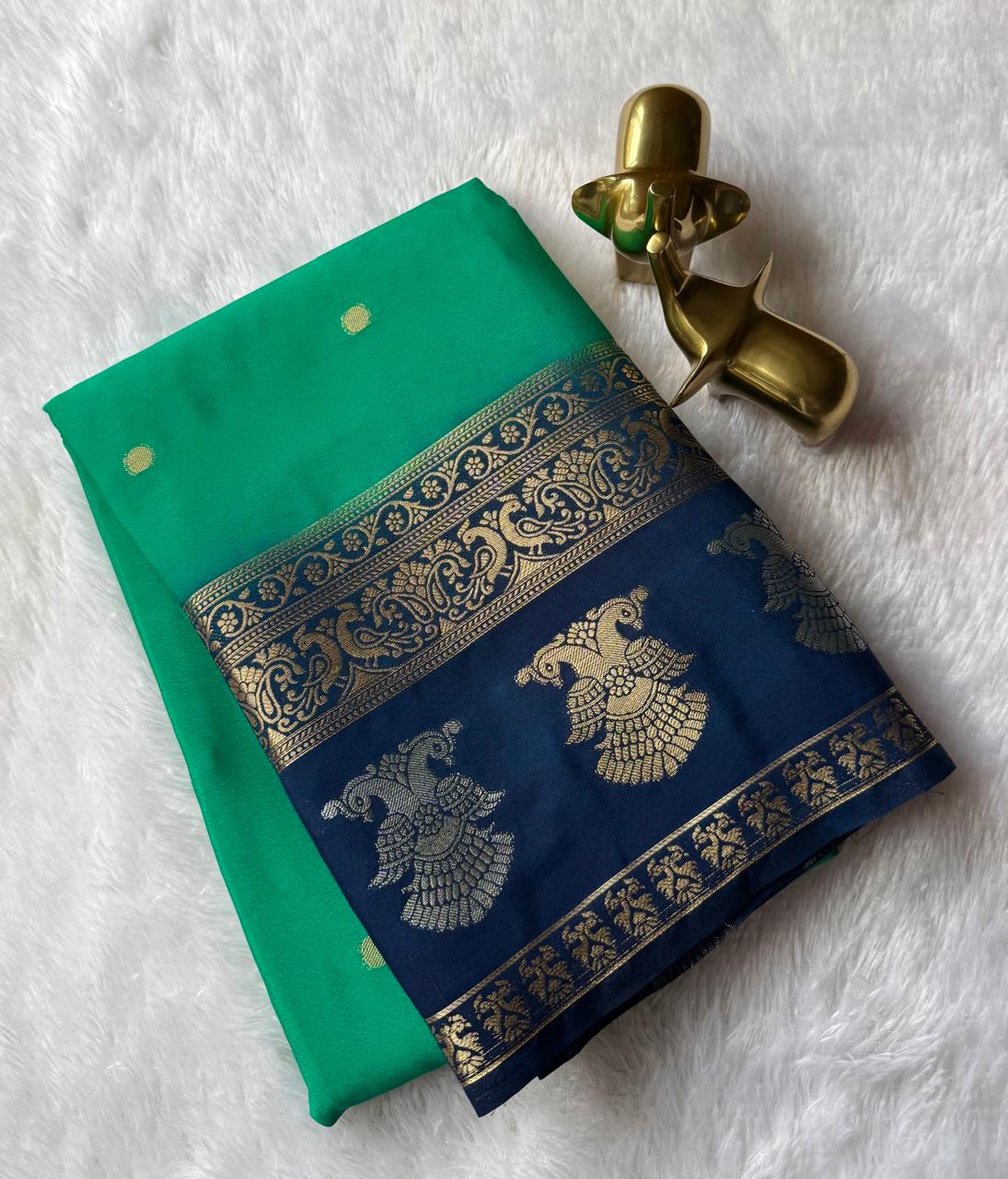 Semi Mysore Silk Small Butta With Gandaberunda And Peacock Border