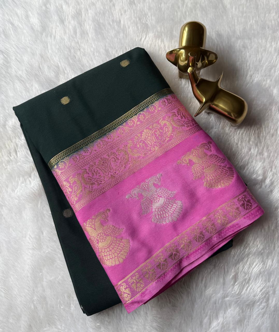Semi Mysore Silk Small Butta With Gandaberunda And Peacock Border