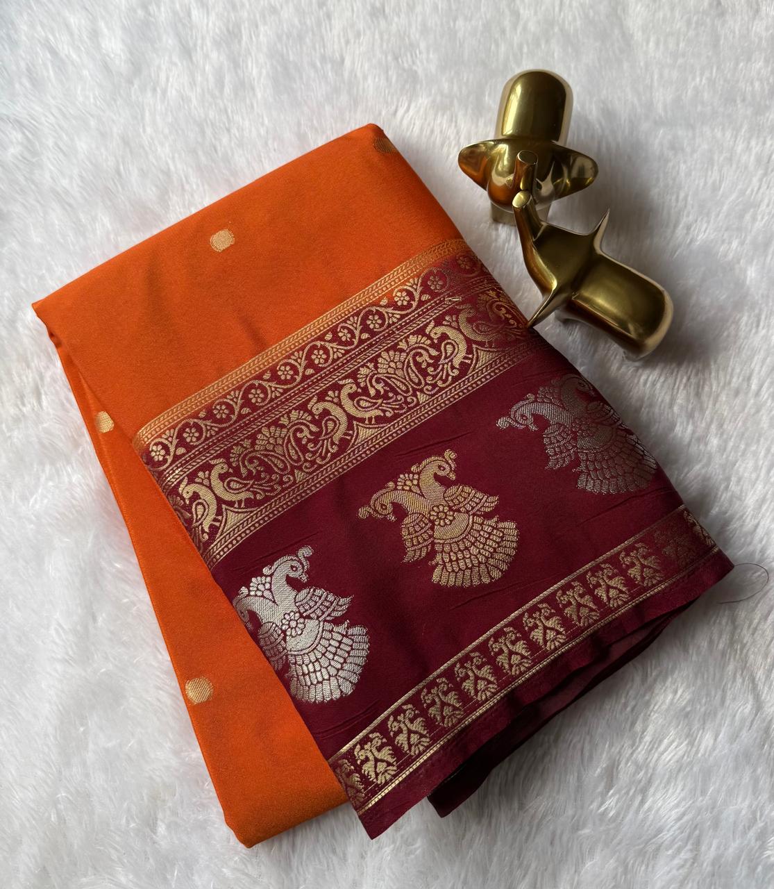 Semi Mysore Silk Small Butta With Gandaberunda And Peacock Border