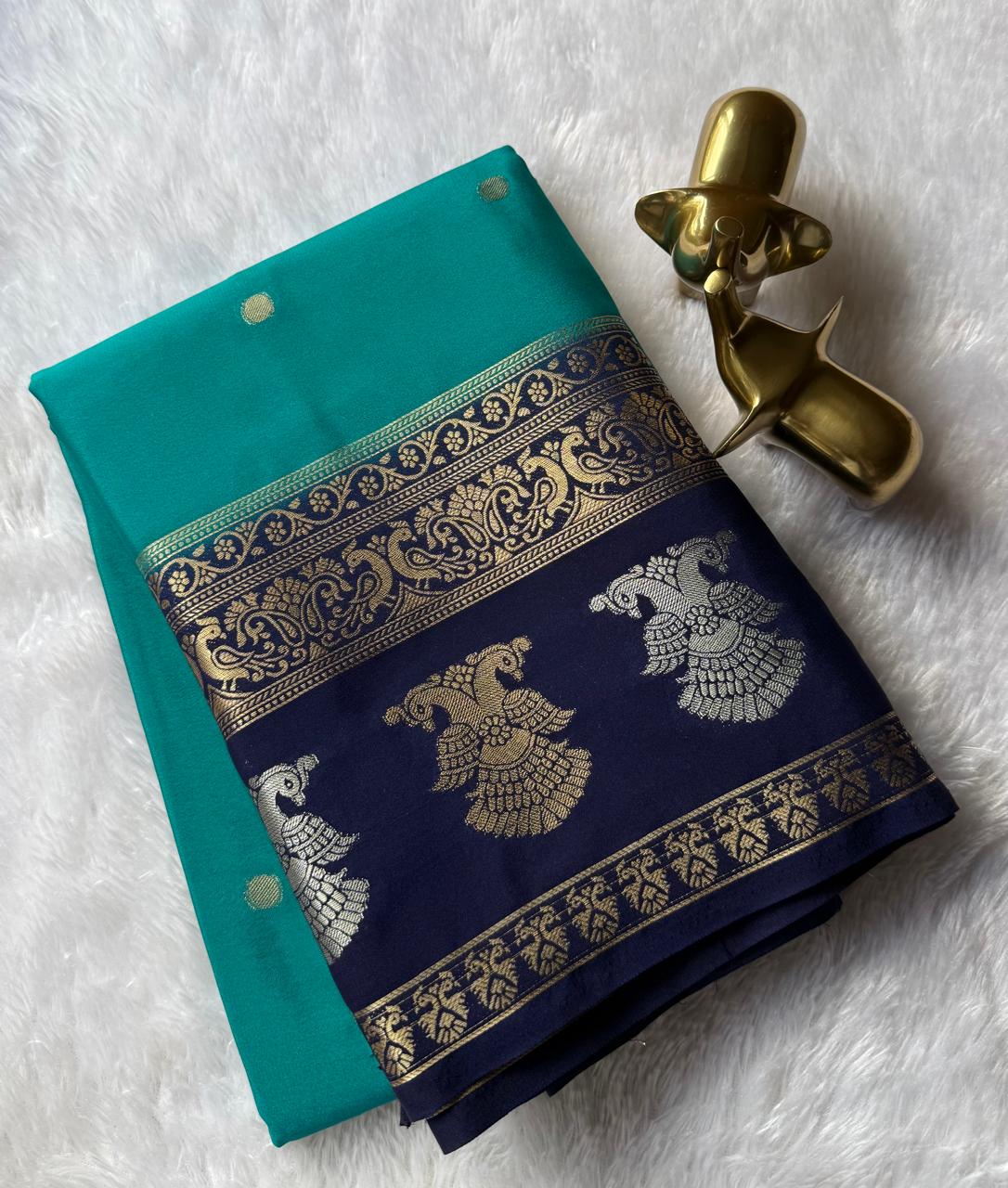 Semi Mysore Silk Small Butta With Gandaberunda And Peacock Border